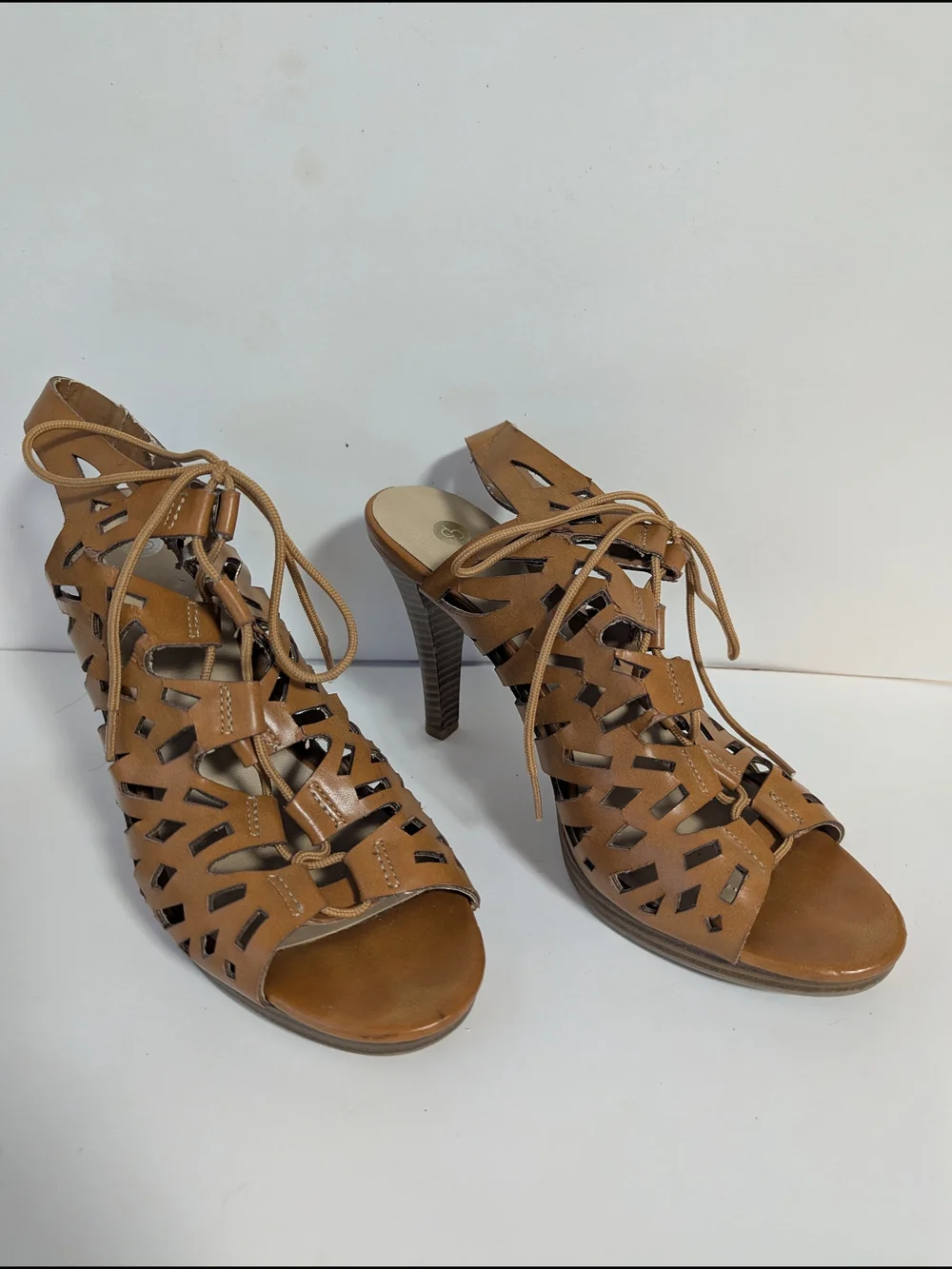 CP Shades Tan Laser-Cut Lace-Up High Heel Sandals